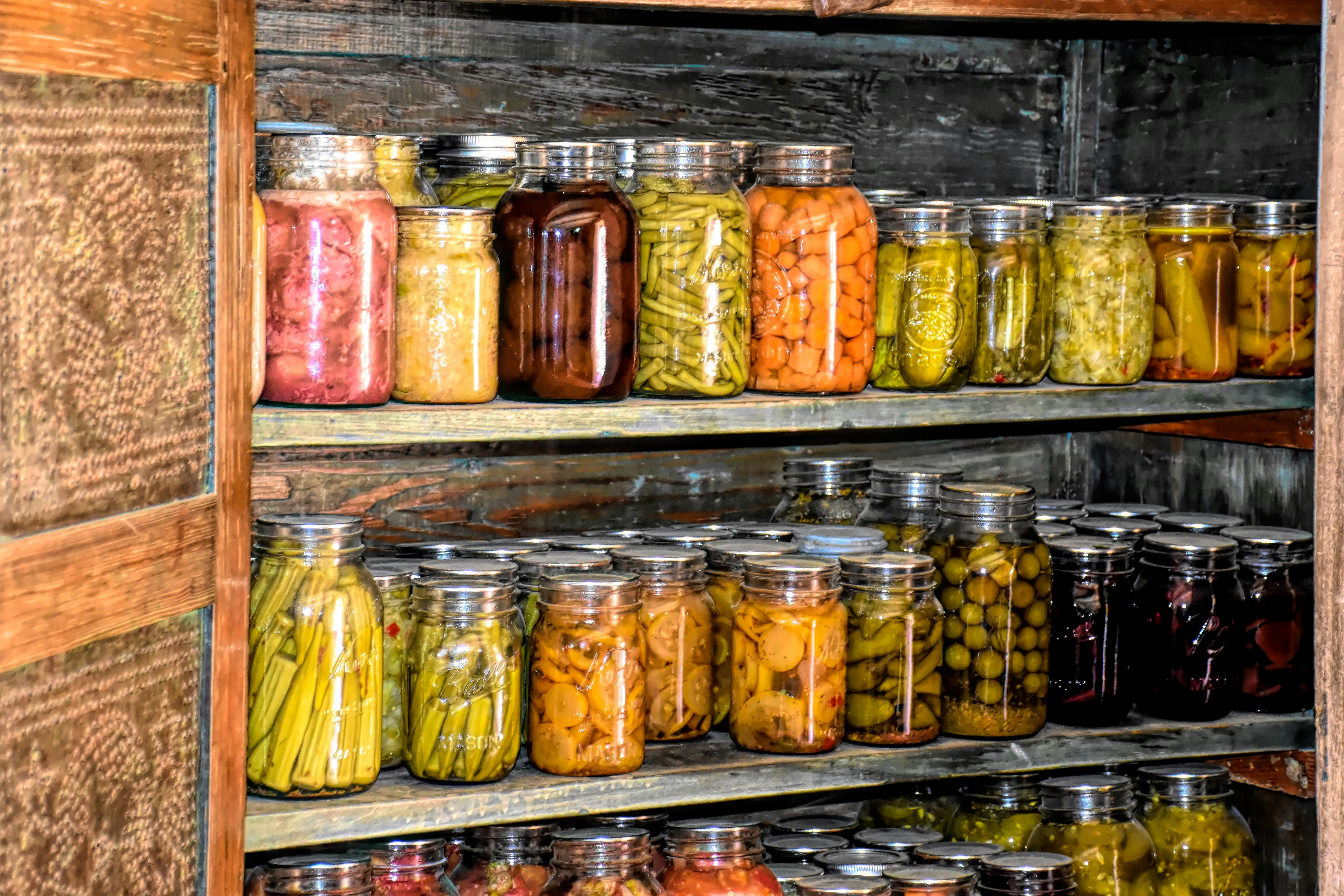 Shelves of jarred preserved foods